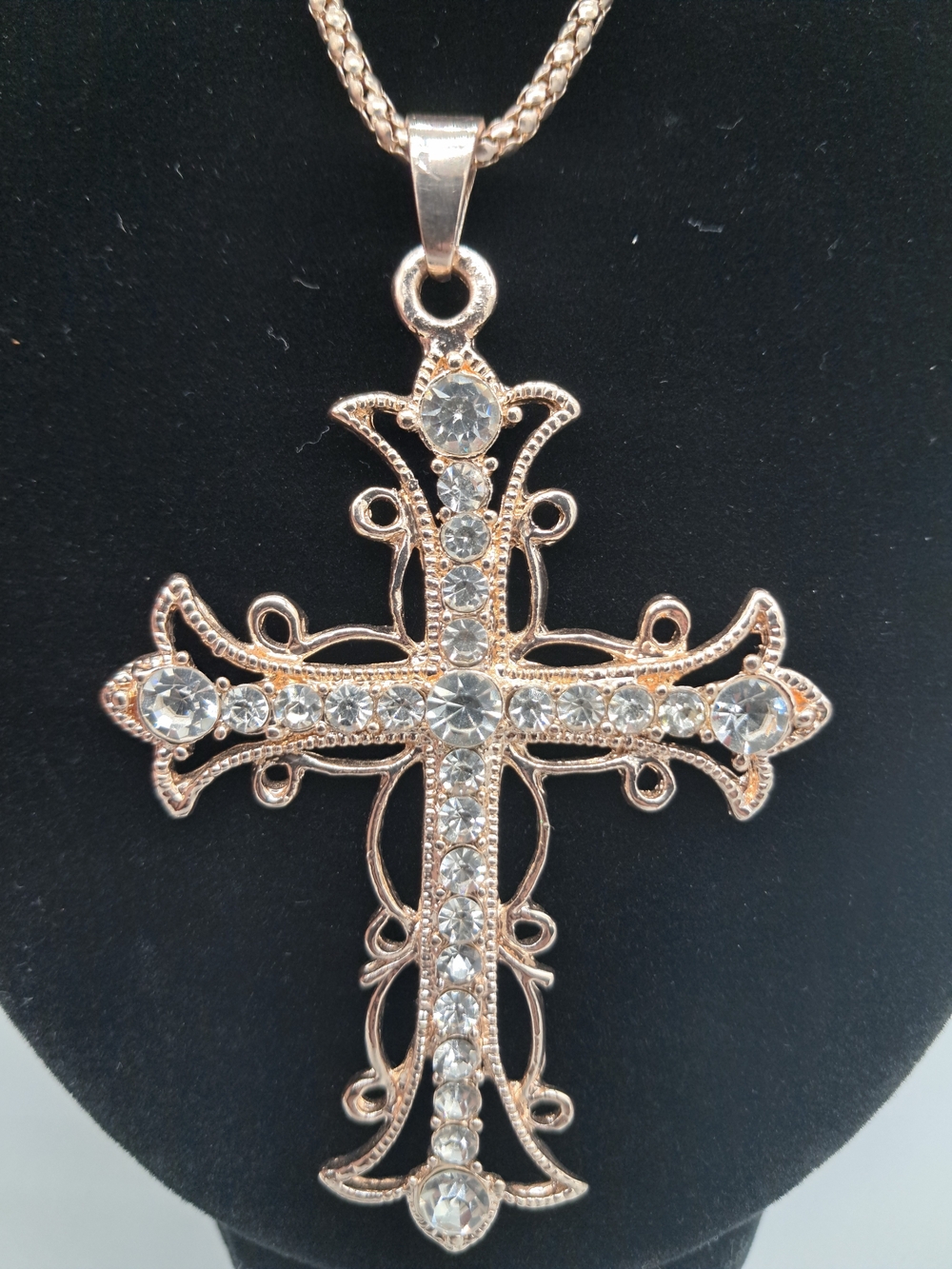 Vtg Rose Gold Crystal Cross Pendant Necklace - Women Jewelry